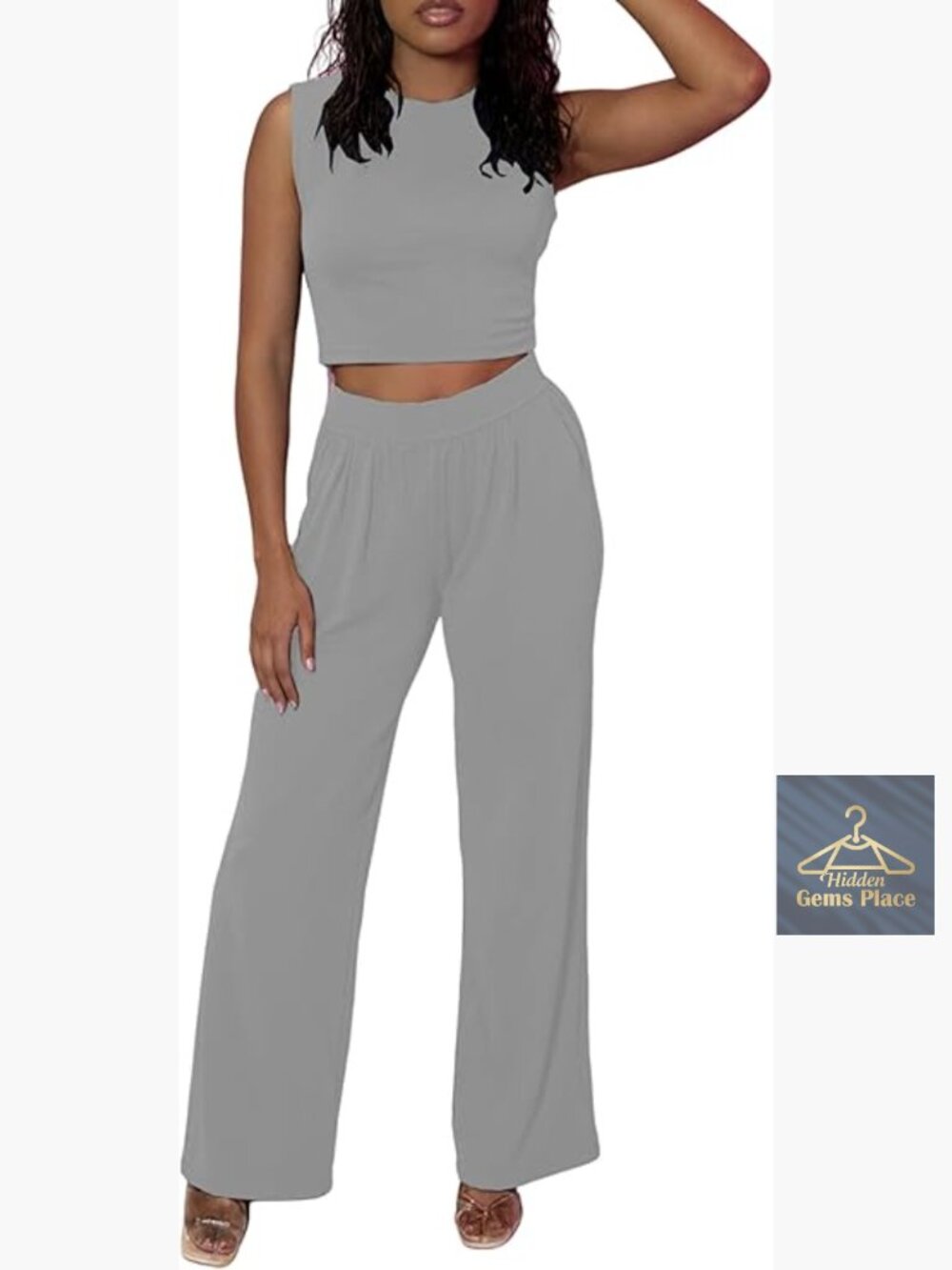 Two Piece Lounge Set Sleeveless Crop Top Wide Leg Pant Tracksuit Summer